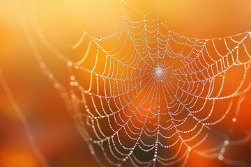 A spiderweb glistening with morning dew, illuminated by a warm sunrise, creating a beautiful, intricate pattern.