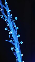 Wall Mural - Abstract ethereal glowing blue strands with bright, spherical illuminations on a stark black background, dreamlike atmosphere
