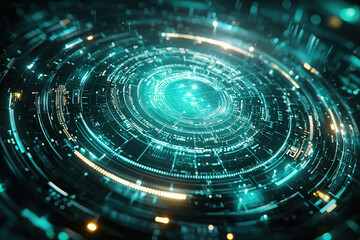 Poster - Abstract futuristic digital interface with glowing teal and gold concentric circles, lines, and data.