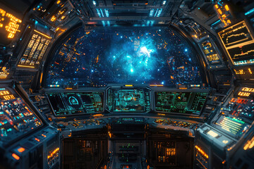 Futuristic spaceship cockpit with vibrant displays showcasing a nebula-filled cosmos.