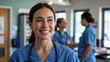 © Tom - Smiling female healthcare professional in scrubs, embodying warmth and compassion in a clinical setting.