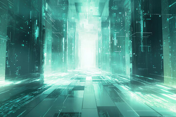 Poster - A futuristic digital city corridor with glowing teal lines and structures, leading to a bright light at the end.
