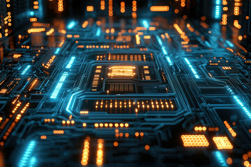 Poster - Abstract futuristic digital circuit board with glowing blue and orange lines, representing technological innovation.
