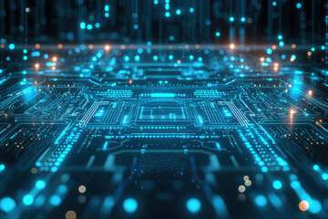 Poster - Abstract digital circuit board glowing with blue light, representing technological advancement and innovation.