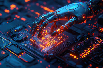 Poster - A robotic hand interacts with a futuristic circuit board, showcasing advanced technology and artificial intelligence.