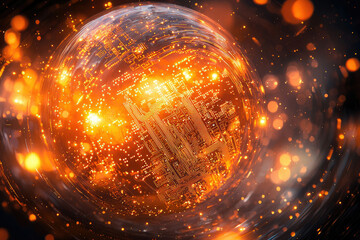 Poster - A glowing orb displays intricate circuitry, symbolizing technological innovation and global connectivity.