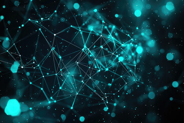 Poster - Abstract digital network connection, glowing teal nodes and lines forming a complex web in dark space.
