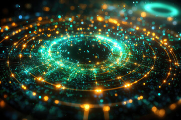 Poster - Abstract digital art depicting a swirling vortex of glowing teal and gold particles, creating a futuristic and energetic scene.