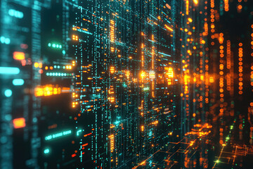 Poster - Abstract digital data visualization with glowing orange and teal lines forming a futuristic technological background.