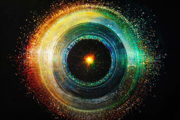 Poster - Abstract cosmic explosion, vibrant concentric circles radiate light and energy in a dazzling display of color and motion.
