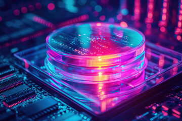 Poster - Futuristic data storage concept: neon-lit transparent disks on a circuit board, symbolizing advanced technology and digital innovation.