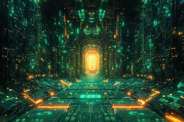 Poster - A futuristic, glowing corridor with intricate circuitry and vibrant teal and orange lights.