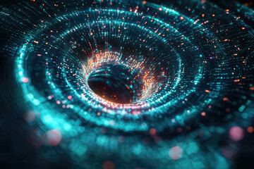 Poster - Abstract swirling vortex of vibrant teal and orange particles, resembling a digital black hole.