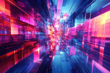 Poster - Abstract digital art depicting a vibrant, neon-lit tunnel of interconnected geometric shapes.