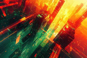Poster - Abstract futuristic cityscape with vibrant red, orange, and green glowing structures, suggesting a digital or technological environment.