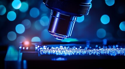 Fototapete - Close-up of a Microscope Lens over a Circuit Board with Blue Bokeh Background Displaying Technology Focus : Generative AI