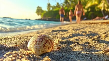 Wall Mural - Seashell close-up on tropical beach with people in background