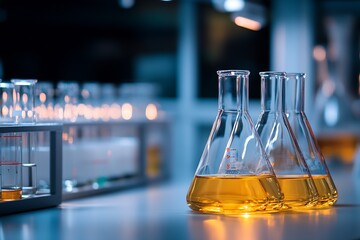 Fototapete - Laboratory setup with flasks containing vibrant yellow liquids in an advanced science facility : Generative AI
