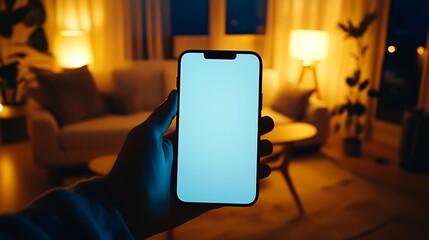 Aufkleber - Smartphone in hand displaying a blank screen in an elegantly lit living space during nighttime : Generative AI