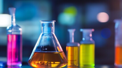 Leinwandbilder - Vibrant laboratory flasks filled with assorted liquids showcasing chemical experiments in action : Generative AI