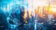 © Koplexs-Stock - Globe graphic overlayed on a cityscape with a bright sunset or sunrise.