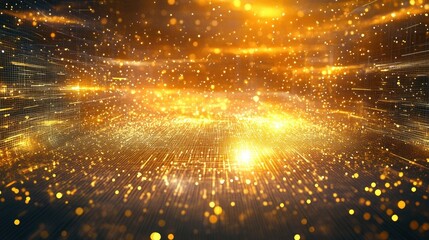 Abstract Golden Cybernetic Landscape with Illuminating Particles and Futuristic Design