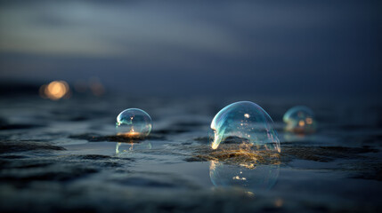 Wall Mural - ethereal bubbles arching through the evening air above a windswept beach, glowing with icy blue and 