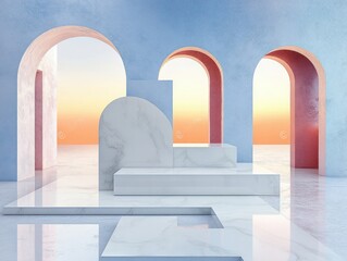 Aufkleber - Abstract Minimalist Podium Display in Soft Pastel Geometric Environment 3D Render Illustration