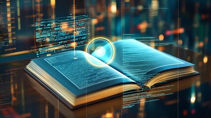 Open book displaying code and digital information overlays for futuristic education