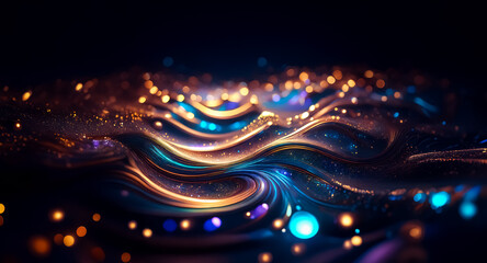 Wall Mural - glowing, swirling waves of light and color shimmer in a dark, abstract scene. sparkling particles cr