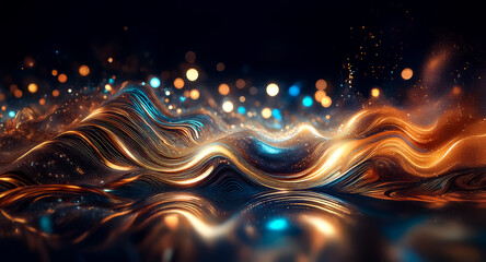 Wall Mural - abstract image of flowing, luminous waves in rich copper, gold, and teal hues. sparkling particles a