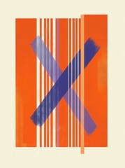 Wall Mural - symmetrical poster design with orange gradient background, light purple border, x-shaped vertical st
