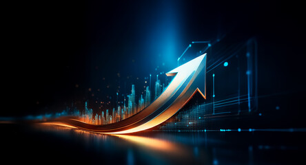 Wall Mural - a glowing, upward-trending arrow symbolizes growth and progress against a dark backdrop of digital d