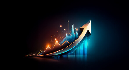 Wall Mural - a glowing upward arrow, a symbol of growth and success, ascends over a dynamic bar graph. the dark b