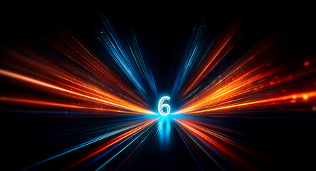 Wall Mural - a glowing number six is at the center of radiating streaks of blue and orange light, suggesting spee