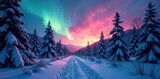 Snowy forest at dawn with aurora boreal lights, forest, winter