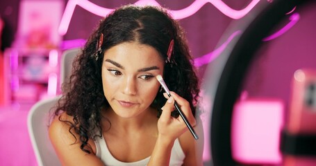 Poster - Woman, content creator and ring light for recording, cosmetics influencer and live streaming in home studio. Talking, beauty or tutorial for concealer on social media, vlogger person or online webcam
