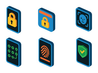 Isometric flat vector set of icons of mobile device security: phone with lock, screen lock icon, face ID, lock pattern, swipe lock, mobile fingerprint, secure app, device shield. isolated transparent