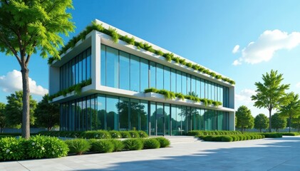 modern office building with lush greenery on a clear blue sky backdrop, sky, nature