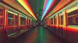 Interior view of a subway train car with colorful light streaks overhead.