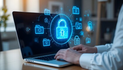 Person using laptop with digital security lock and folder icons overlayed on the screen display