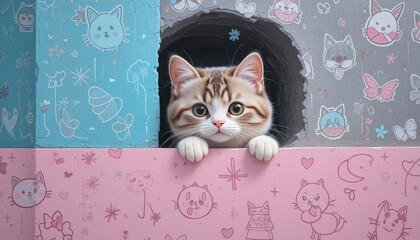 Naklejka na meble playful kitten peeks out from colorful cat house, showcasing its curious expression and soft fur