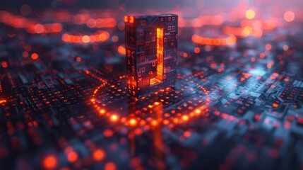 Futuristic number one on circuit board, glowing red light, city lights background