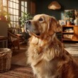 © Saowanee - A happy Golden Retriever sits in a stylish, sunlit living room. The wooden floor and large windows create a peaceful, inviting atmosphere.