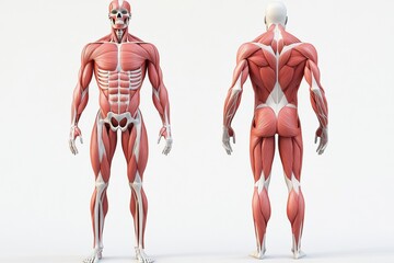 Aufkleber - Medical skeleton illustration with detailed muscle structure on a clean white background showcasing labels and anatomical features for educational purposes