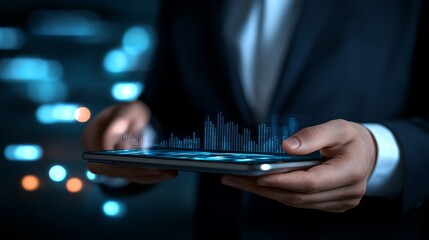 Businessman in a suit using cell phone for communication and technology