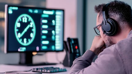 Person with headphones looks at a computer screen with a clock and chart. Focused, serious
