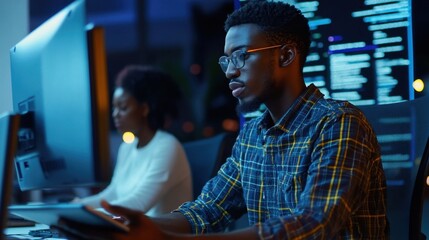 Focused programmer coding late at night.
