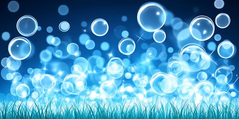 Dreamy blue bokeh background with bubbles and grass decoration