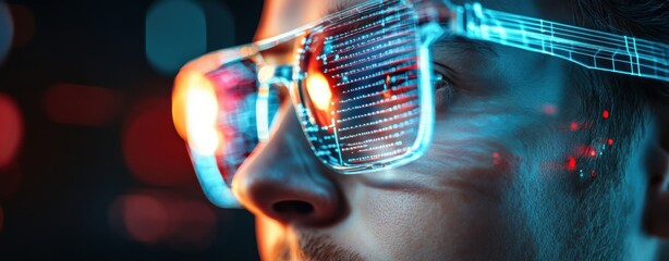 A futuristic editor revises nostaic memories using advanced technology, his glasses displaying giixel-standard visuals of a past life, creating a new future.